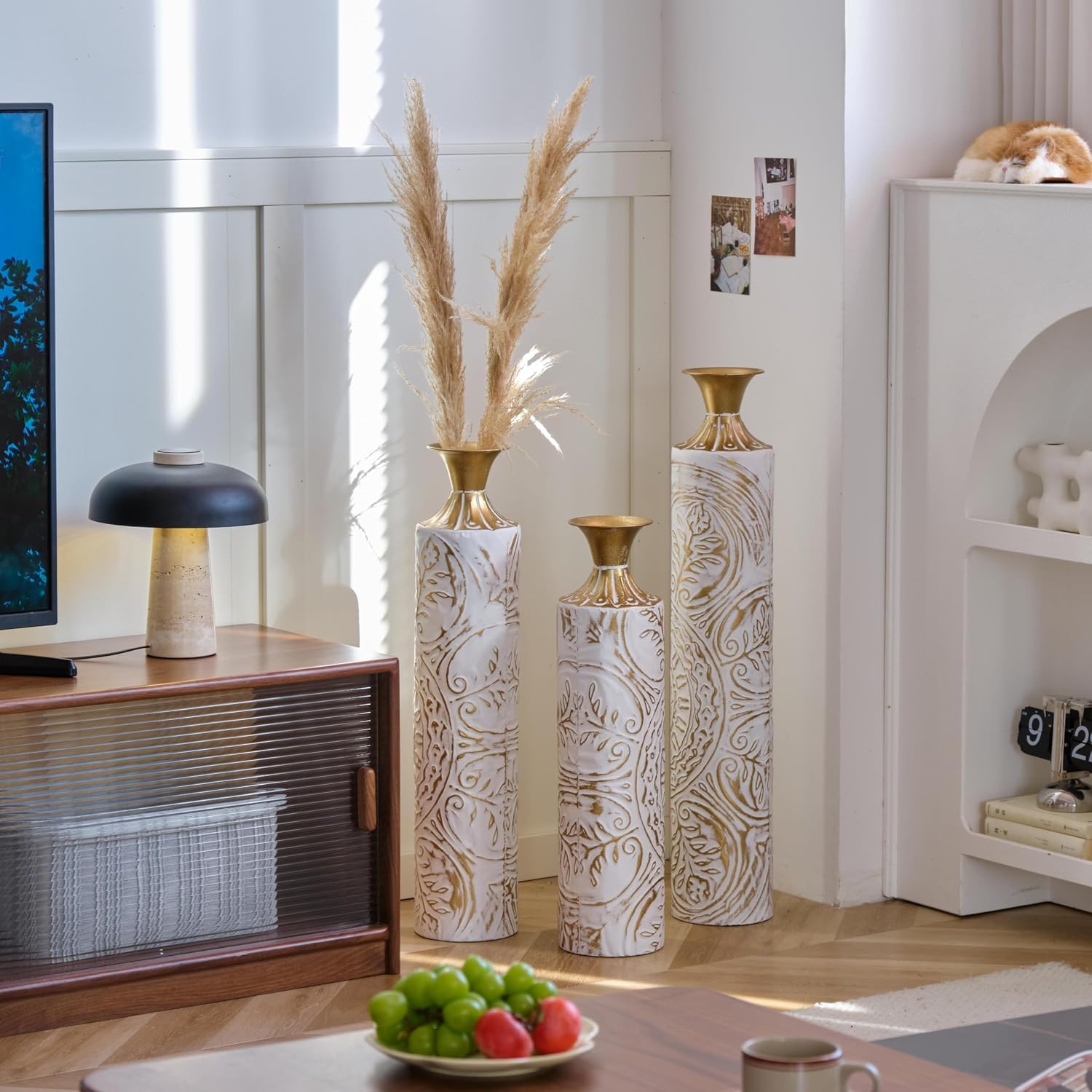 Metal Floor Vase Set - 3D Floral Relief Cylinder Vases for Living Room, Entryway & Office Decor, 24in/28.7in/33.5in Rustproof Tall Standing Home Décor (White+Gold Pattern)
