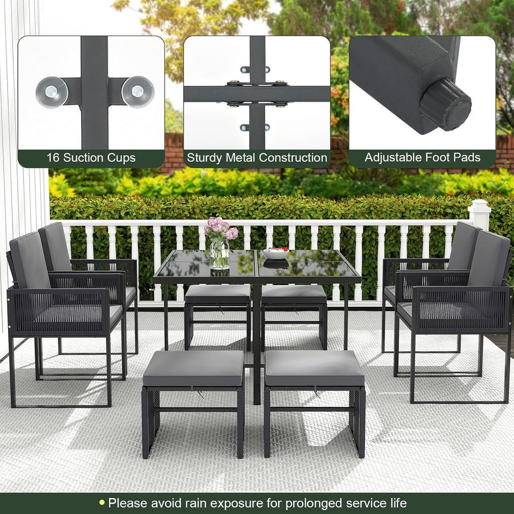 Tangkula 9 Pieces Patio Dining Set, Outdoor Space-Saving Furniture Set with PE Rattan Chairs, Tempered Glass Table and Ottomans, Outdoor Sectional Conversation Set with Cushions for Yard