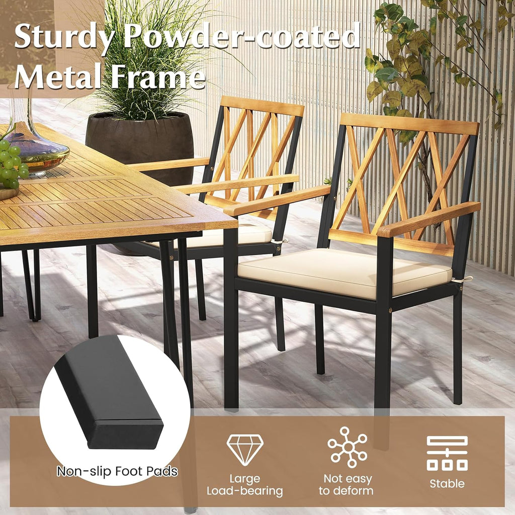 Tangkula 7 Piece Wood Outdoor Dining Set for 6, Rectangular Patio Acacia Wood Table Set with 6 Cushioned Chairs, Umbrella Hole, Heavy Duty Metal Frame for Deck Porch Backyard