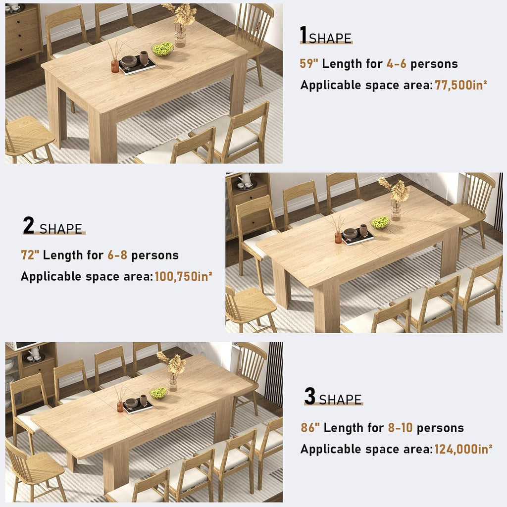 59'-86' Extendable Dining Table for 6-10 Person, Wooden Dining Room Table, Modern Extendable Table for Gatherings, Meeting for Small Kitchens, Dining Office Areas(Natural)