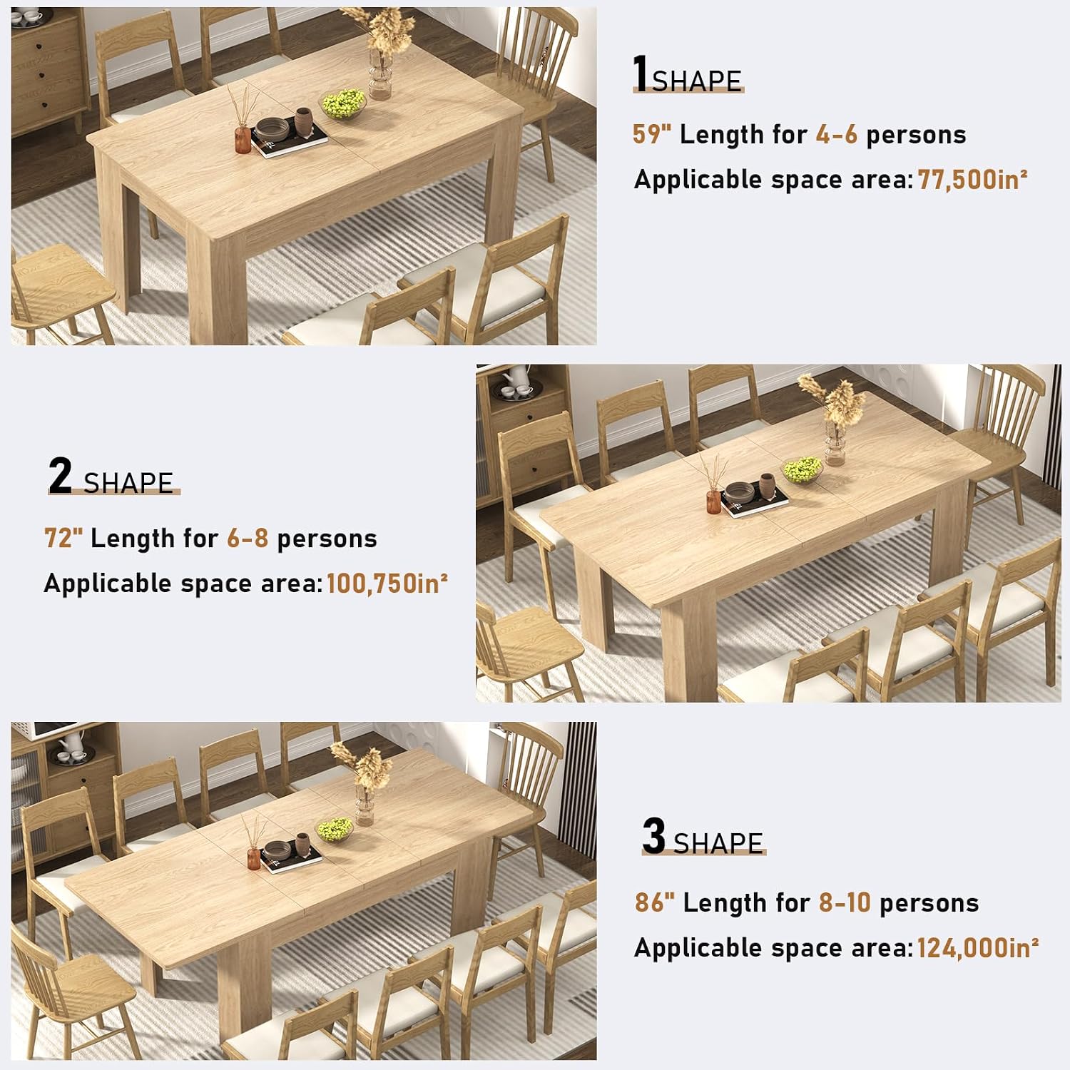 59'-86' Extendable Dining Table for 6-10 Person, Wooden Dining Room Table, Modern Extendable Table for Gatherings, Meeting for Small Kitchens, Dining Office Areas(Natural)