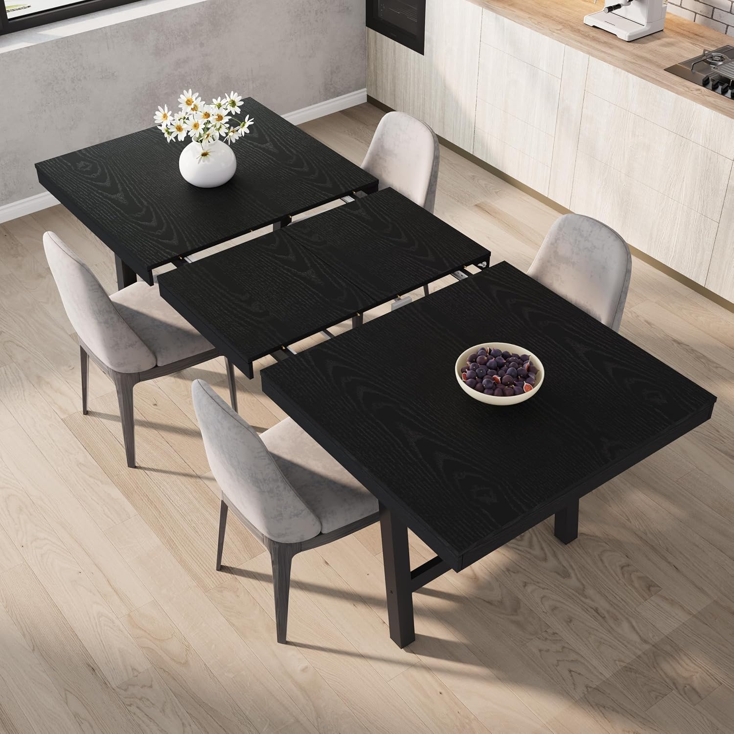 GarveeHome 63-83' Extendable Dining Table, Industrial Rectangular Dining Room Table for 6-8 People, Expandable Kitchen Table with Heavy Duty Metal Frame for Dining Room, Kitchen & Parties, Black