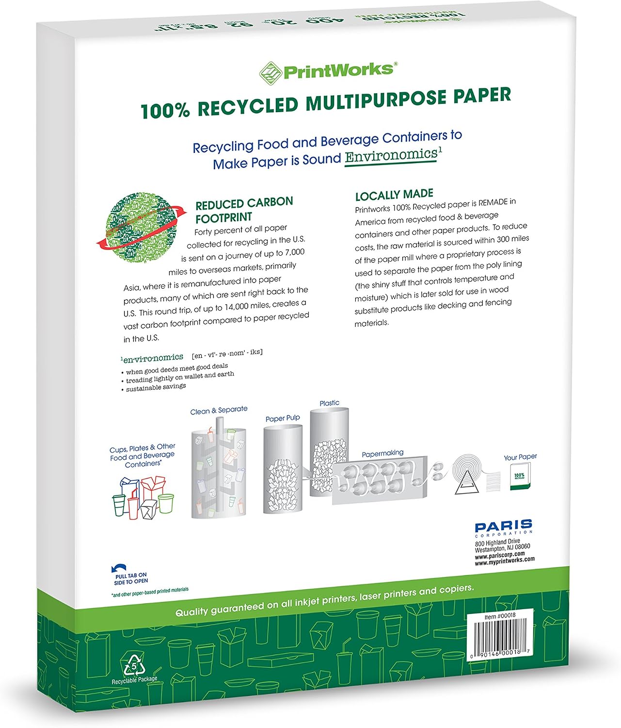 PrintWorks 100% Recycled Printer Paper 8.5' x 11' White - 20 lb Copy & Multipurpose Computer Paper - 2400 Sheets/Carton, 80 Cartons/Pallet, 192,000 Sheets - Made in the USA - 92 Bright (00018PAL)