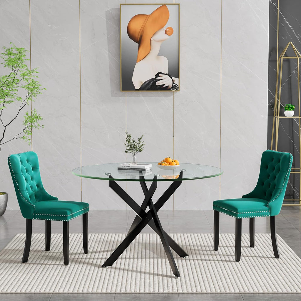 HomVent 3 Piece Round Glass Dining Table Set, Tempered Glass Dinner Table Set for 2 Kitchen Table Set with 2 Velvet Upholstered Chairs for Kitchen Dining Room