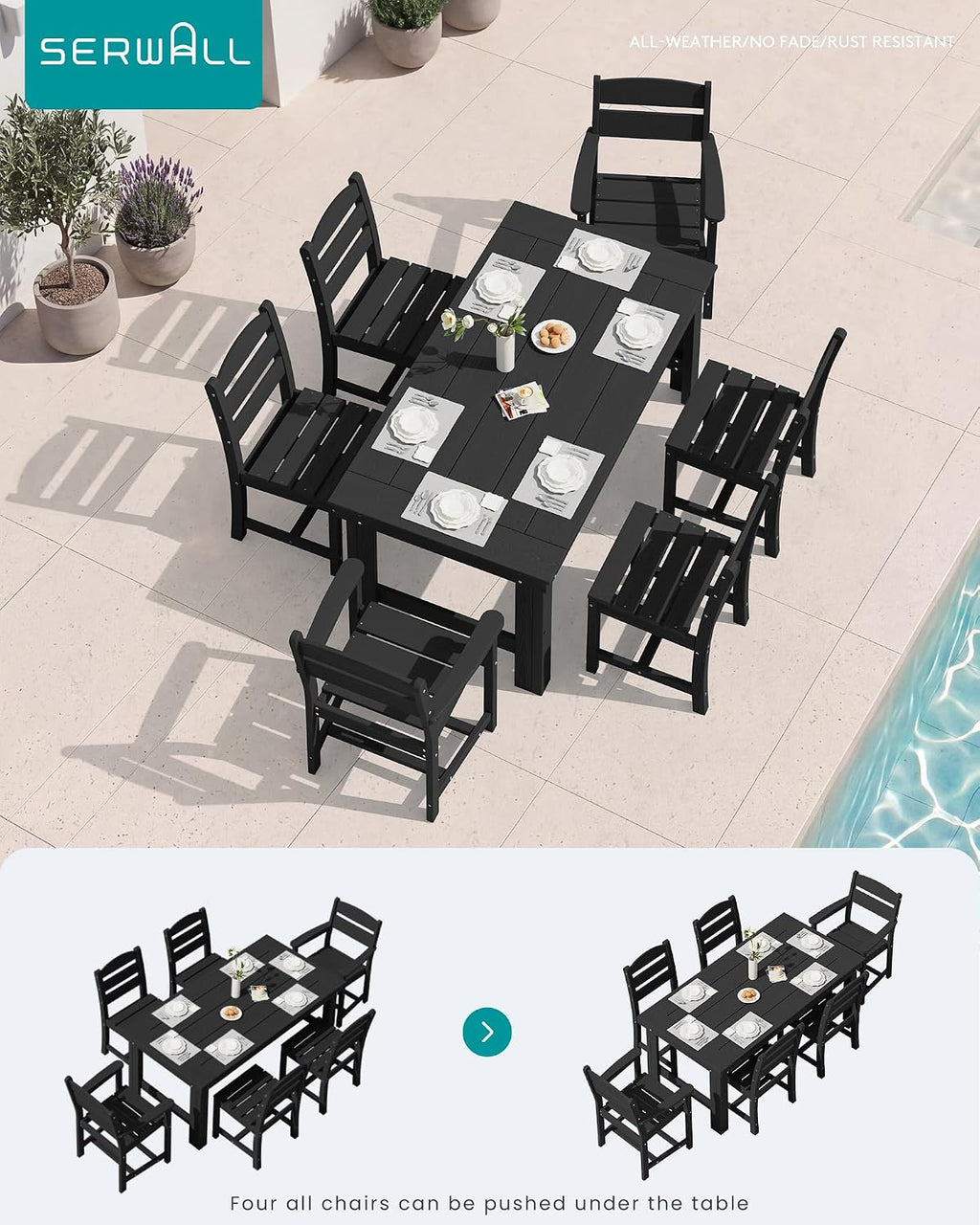 SERWALL Outdoor Dining Table Set, 67'' HDPE Patio Dining Set for 4, All-Weather Outdoor Table and Armless Chairs Set for Deck, Black