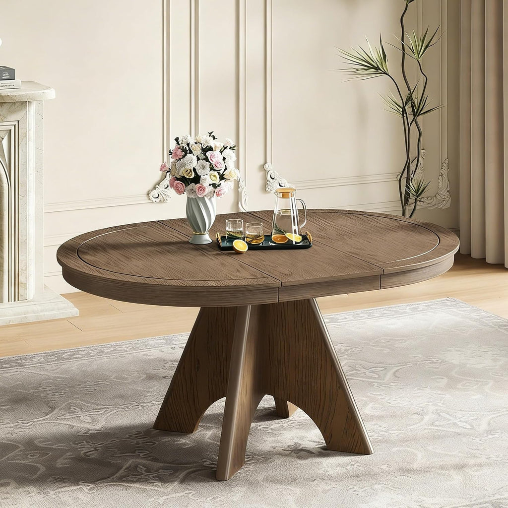 LUMISOL 42'-58' Extendable Round Dining Table for 4-6, Farmhouse Kitchen Table with Distressed Finish and Sturdy Crossed Legs, Wood Dinner Tables for Kitchen, Dining Room, Espresso