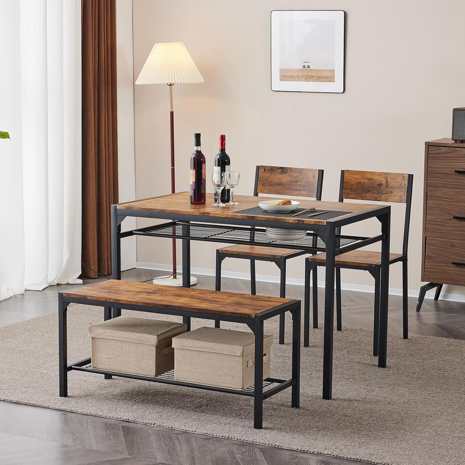 Karl home 4-Piece Dining Table Set for 4, Modern Kitchen Table Chairs Set for Small Space,Apartment, Storage Rack, Rectangular Table, Bench, 2 Chairs, Metal Frame-Retro Brown