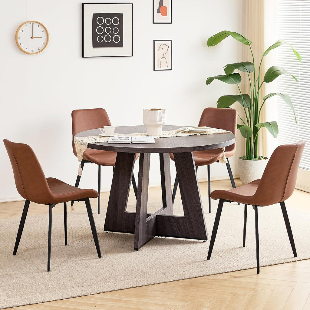 47 inch Round Dining Table Set for 4 with Chairs Kitchen Table and Chairs Set Mid-Century Modern Round Wood Kitchen Tables with Upholstered Synthetic Leather Chairs Set of 4