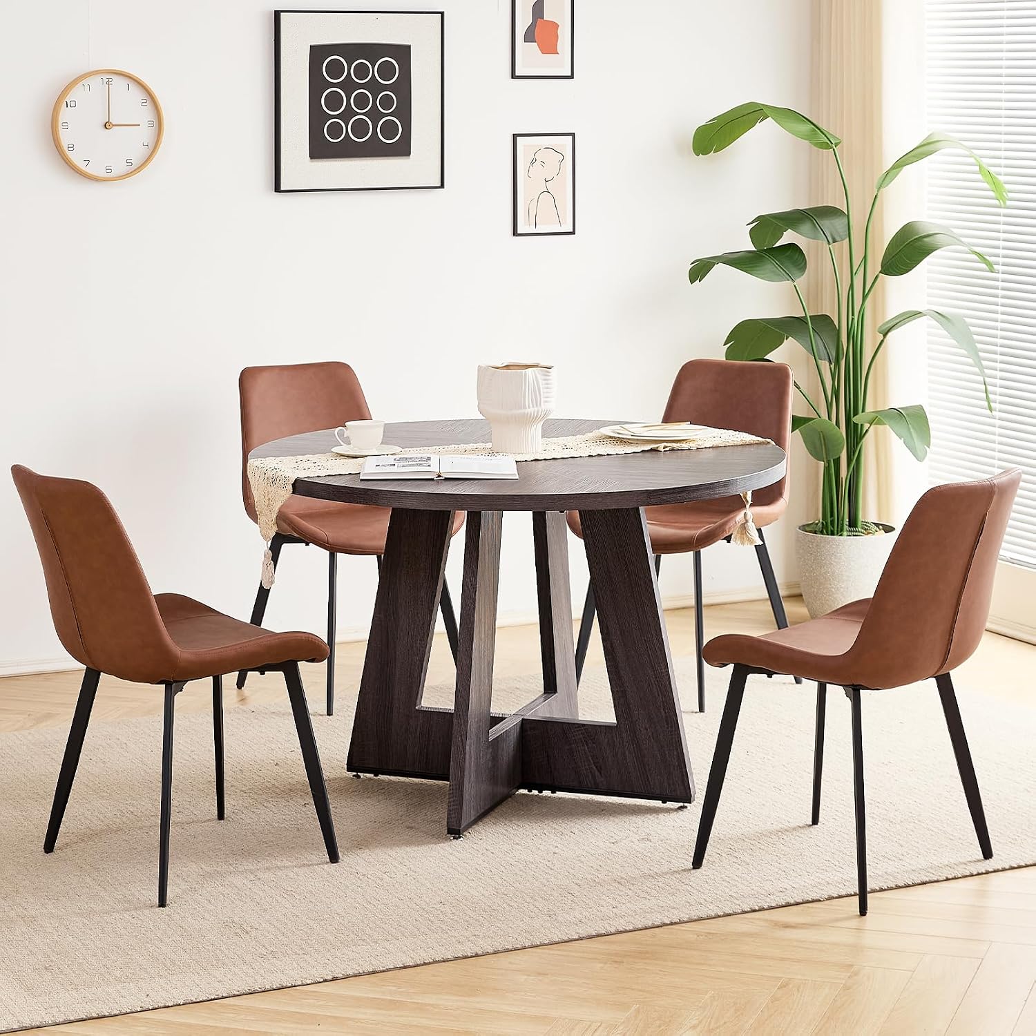 47 inch Round Dining Table Set for 4 with Chairs Kitchen Table and Chairs Set Mid-Century Modern Round Wood Kitchen Tables with Upholstered Synthetic Leather Chairs Set of 4