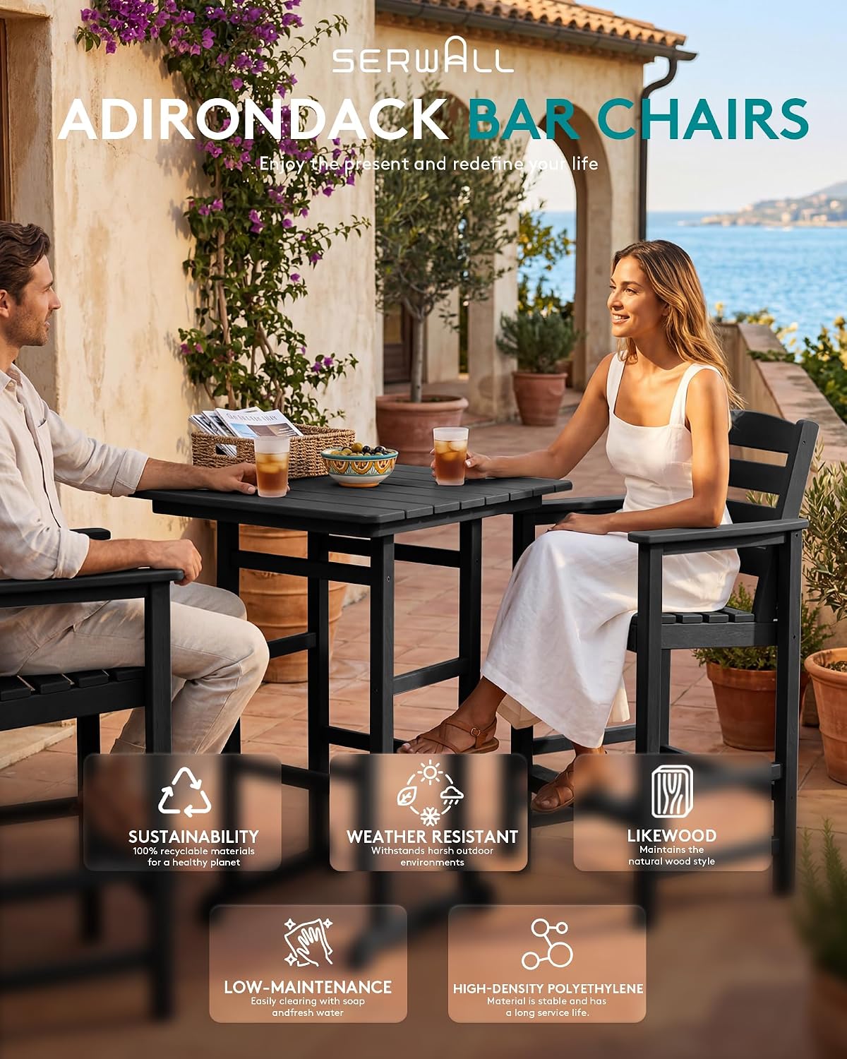 SERWALL Balcony Adirondack Chairs and Table 3 Pieces Set, Adirondack Bar Height Chairs Set of 2 and Bar Table, Outdoor Bar Stools Set for Bistro, Poolside, Backyard, Black