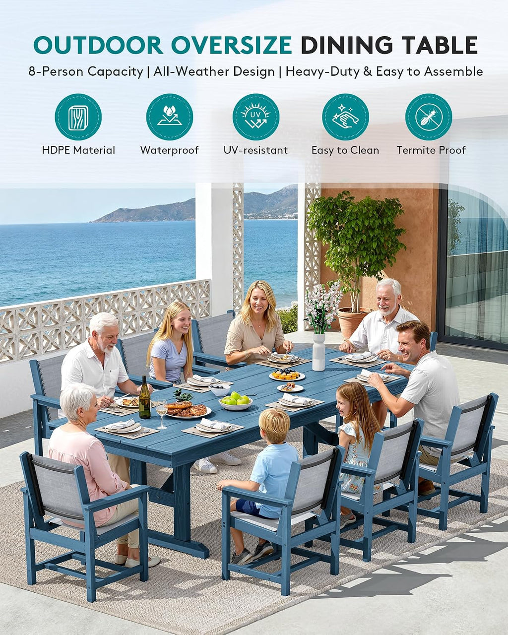 SERWALL 9 Piece Outdoor Dining Set, 84' HDPE Outdoor Large Table and Textilene Sling Chairs for 8，All Weather Patio Dining Furniture Set with Umbrella Hole for Backyard, Garden, Blue