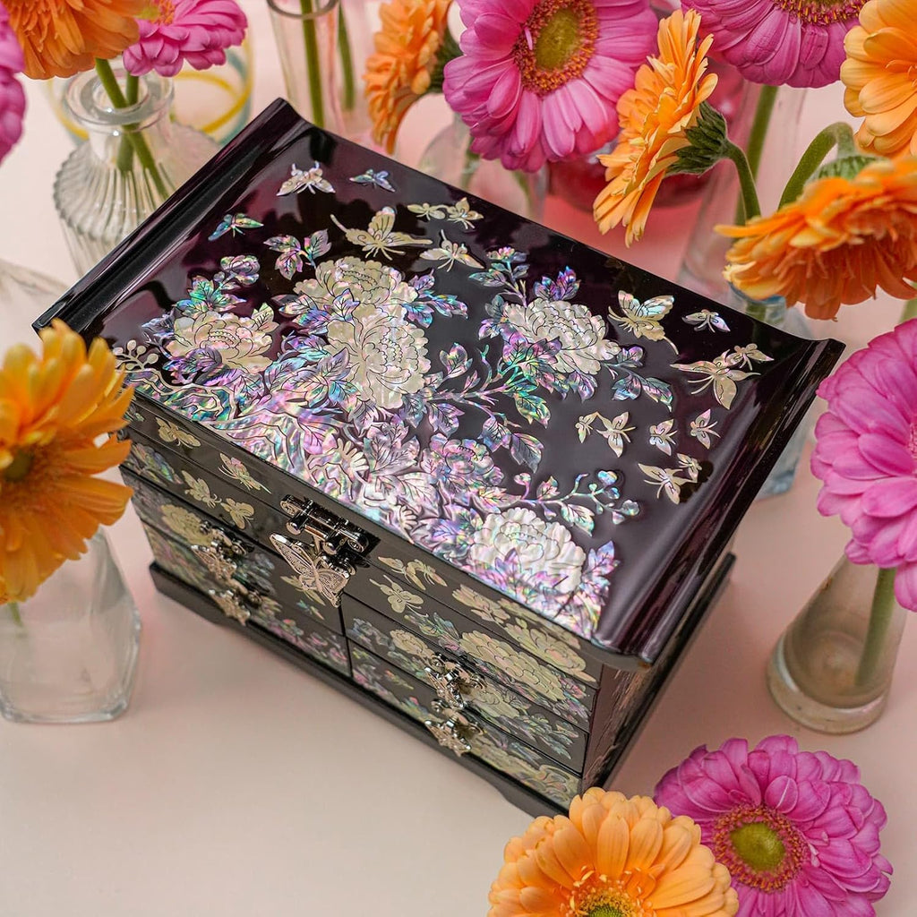 February Mountain Mother of Pearl Jewelry Box with Traditional Mother of Pearl Inlay - Elegant Floral and Butterfly Design for Her