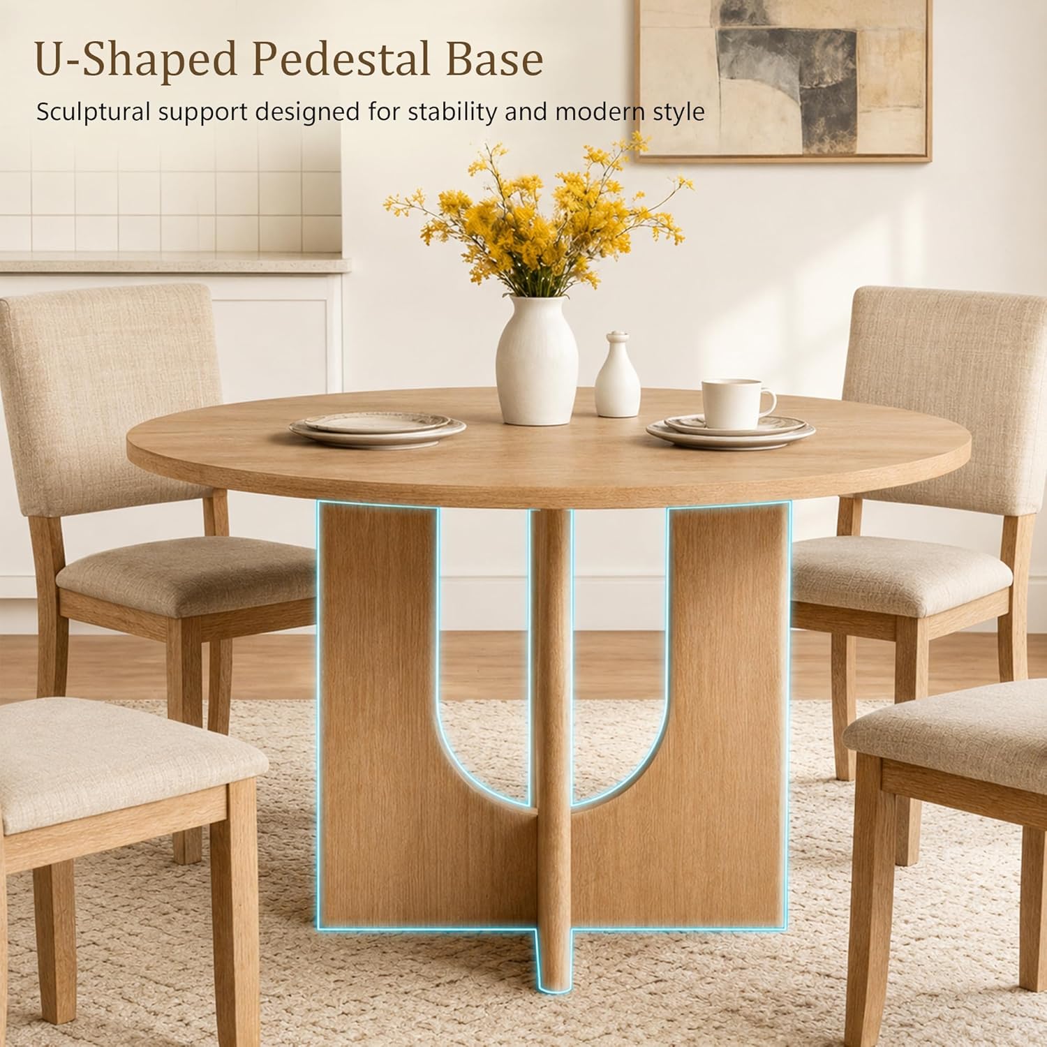 leovanni Round Dining Table Set for 4, Kitchen Table with 4 Upholstered Chairs, 5-Piece Wood Dining Table and Chairs Set for Kitchen, Dining Room, Living Room, Natural