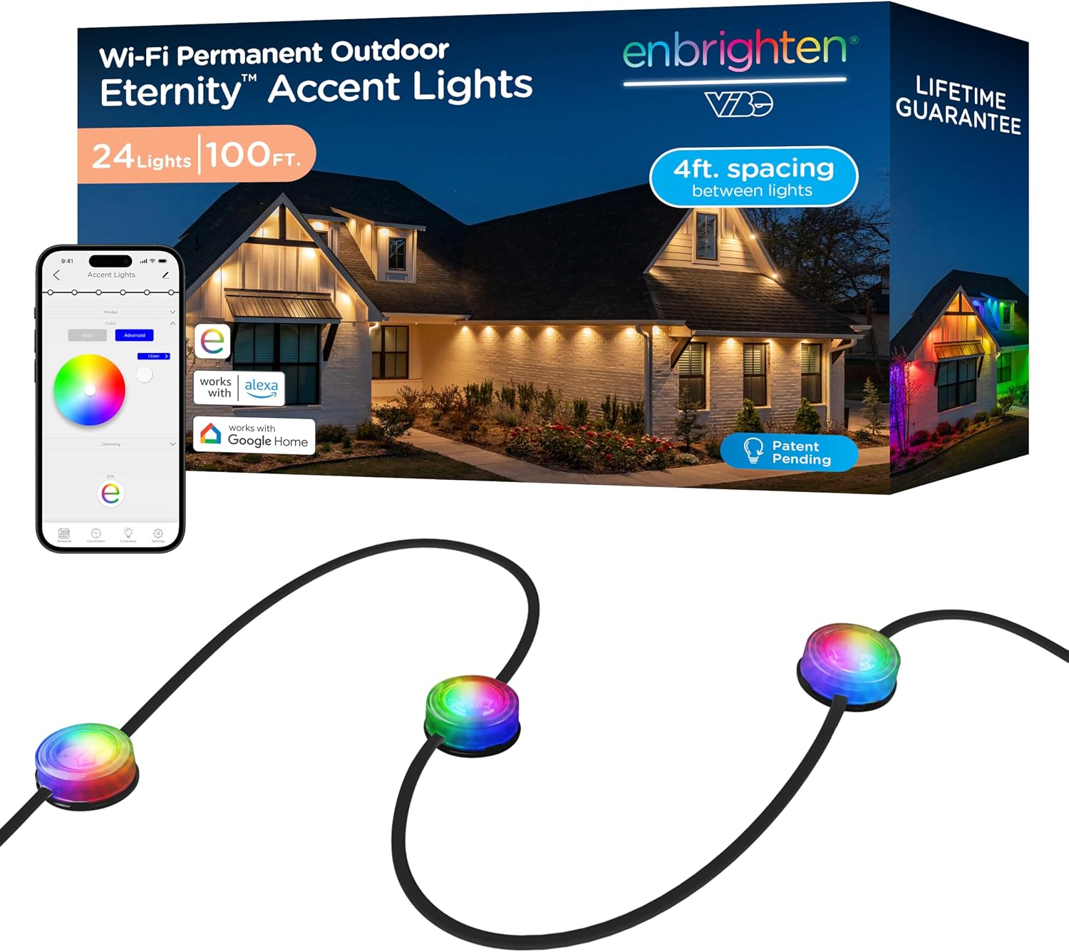 Enbrighten Eternity Accent Permanent Outdoor Lights, 100ft with 24 RGBWIC LED Lights, App‑Controlled, Cuttable, Christmas, Accent & Year‑Round Eave Lighting, Works with Alexa & Google Home, 85714