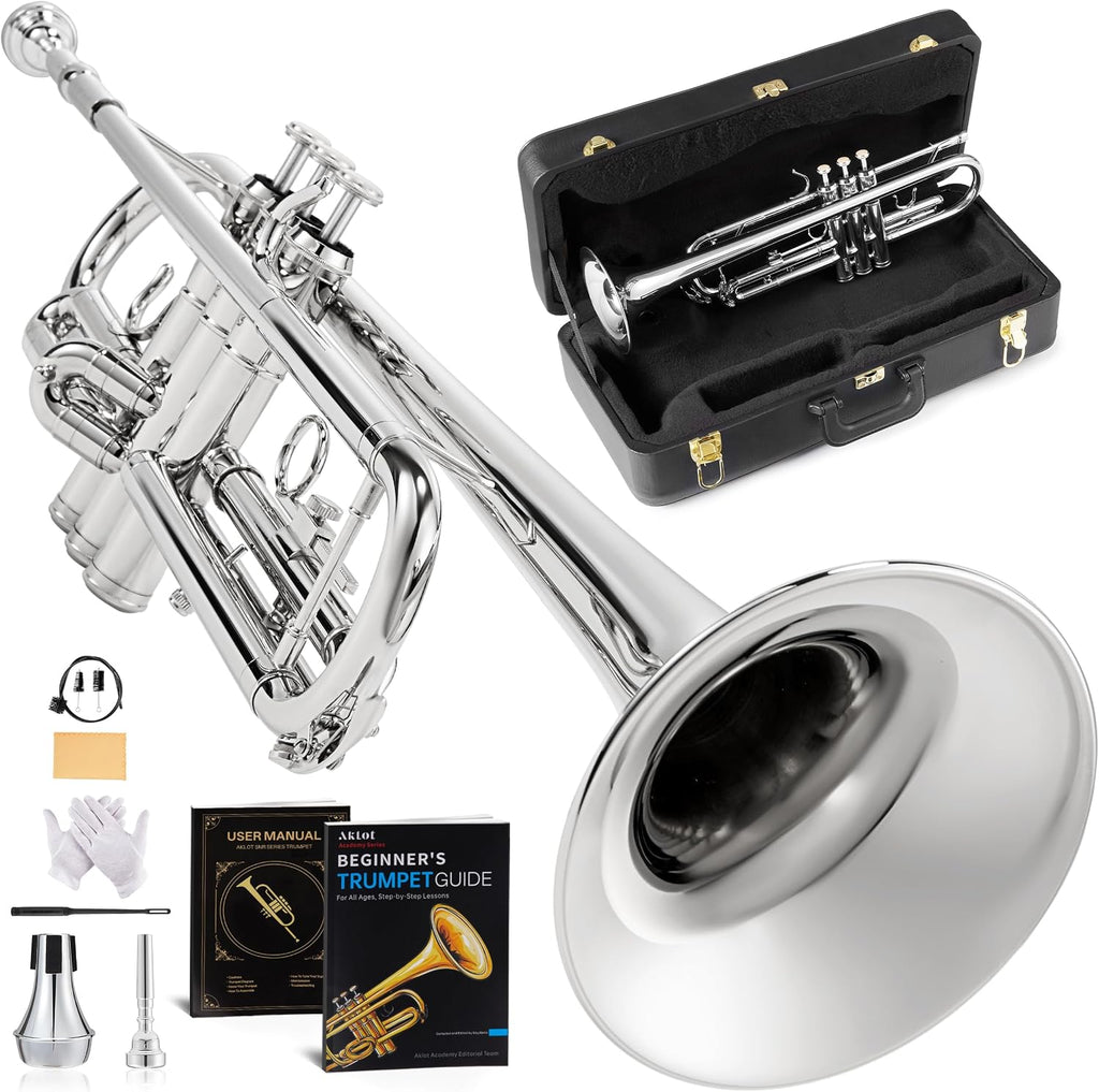 AKLOT Hand-Hammered Bell Bb Trumpet: Smooth Valve Action, Clear-Lacquered Brass Body, Standard Trumpet Beginner Set with Leather Case, Lesson Book, Trumpet Mute, Mouthpiece, Cleaning Kit (SNR-BrzSS)