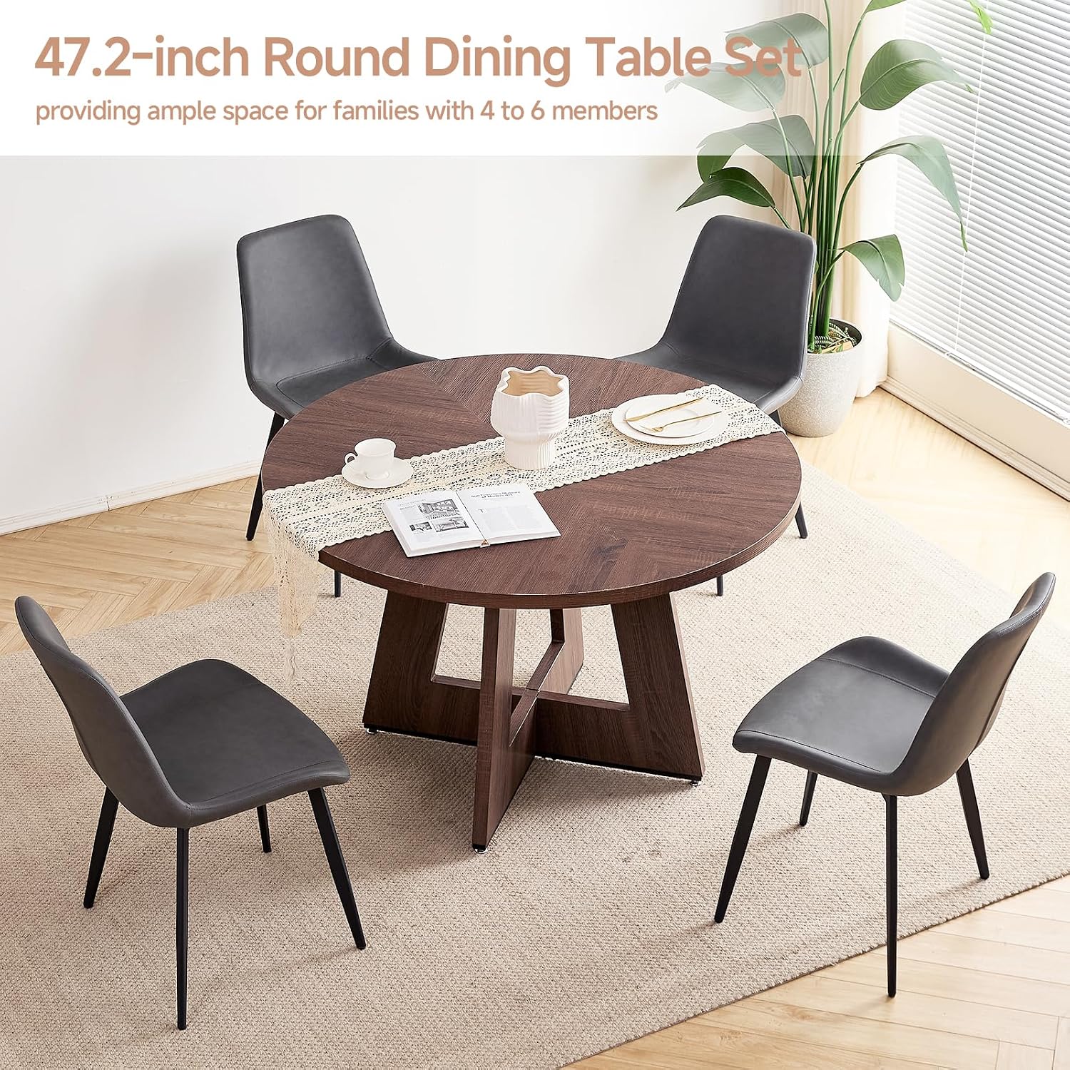 47 inch Round Dining Table Set for 4 with Chairs Kitchen Table and Chairs Set Mid-Century Modern Round Wood Kitchen Tables with Upholstered Synthetic Leather Chairs Set of 4