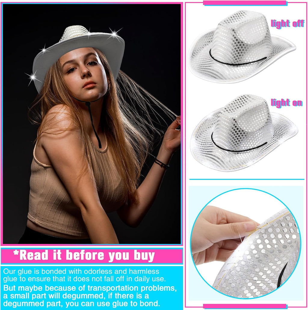 Tisancy 20 Pack Lights Cowboy Cowgirl Hat LED Flashing Light Up Hat for Western Bachelorette Party Wedding Bridal