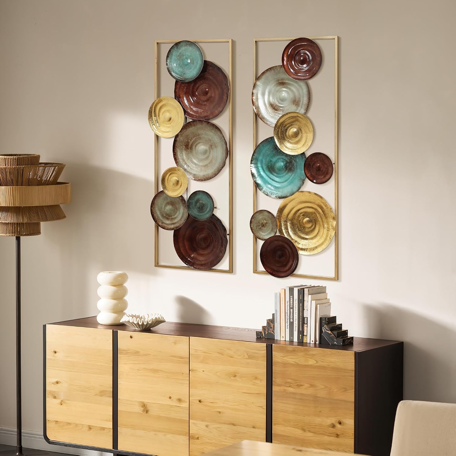 LuxenHome Metal Wall Art, Set of 2 Modern Multi-Color Gems Abstract Wall Decor Panels with Frame, 35' Hanging Sculptures Decor for Living Room, Metal Artwork Accent for Bedroom Dining Room Office