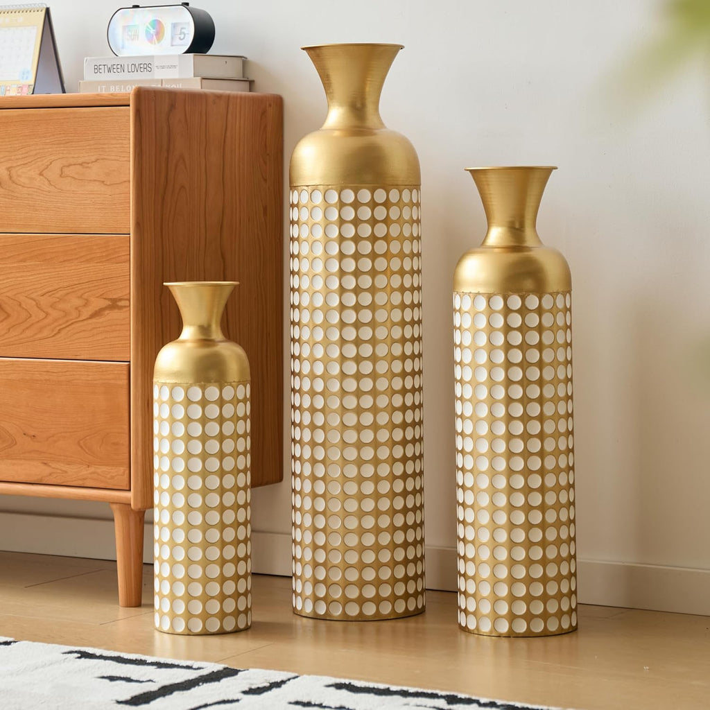 Floor Metal Decorated Vases Set of 3 for Gorgeous Home Decoration Large Glazed Metal Vases (Antique Brass+White + Metal)
