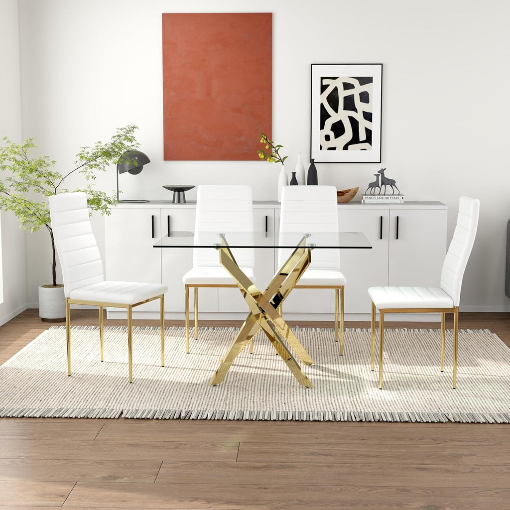 Tempered Glass Dining Table with Chromed Legs, 47' Modern Rectangular Kitchen Table for Dining Room Kitchen,Gold