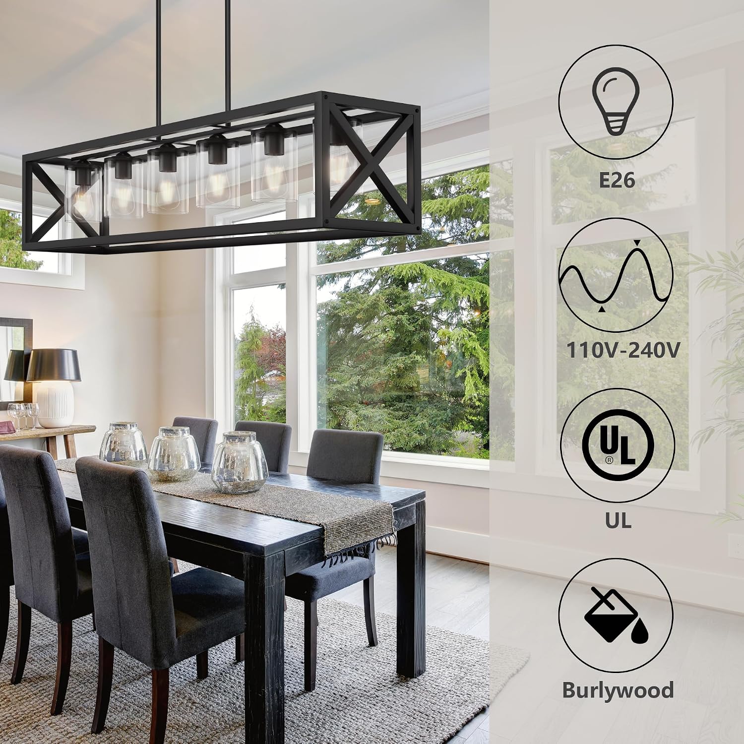 Farmhouse Dining Room Light Fixture - 6 Light Kitchen Island Lighting with Adjustable Height & Thickened Metal Dining Room Light Fixture Over Table，Chandeliers for Dining Room&Kitchen Island