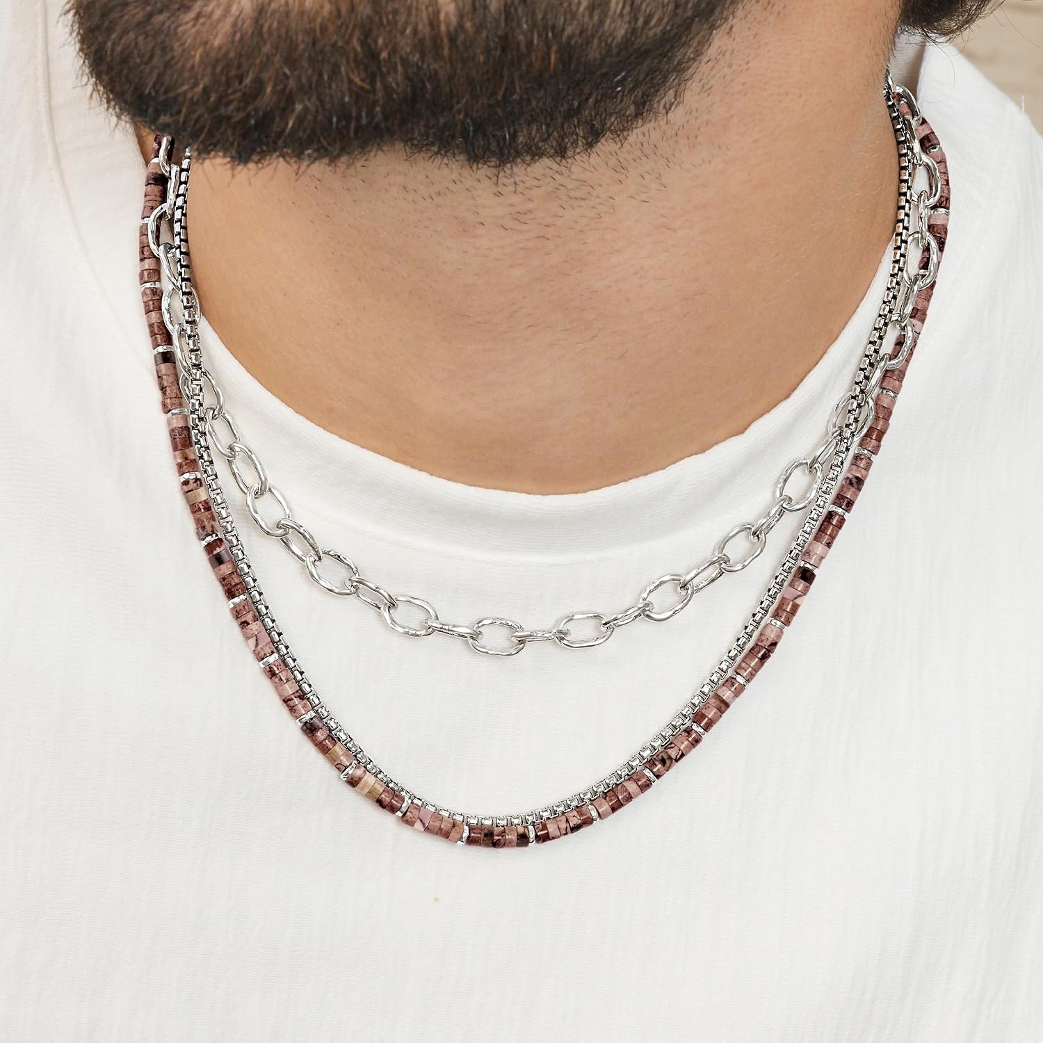 JEAN RACHEL JEWELRY Men's 3-Piece Necklace Layering Set - Hammered Link Chain, Box Chain & Rhodonite Beads - Rose Black Bundle