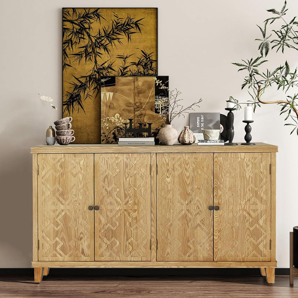 LKTART 59' Sideboard Buffet Cabinet with 4 Carved Doors,Farmhouse Accent Credenza Storage,Media Console Cabinet, for Entryway, Living&Dining Room