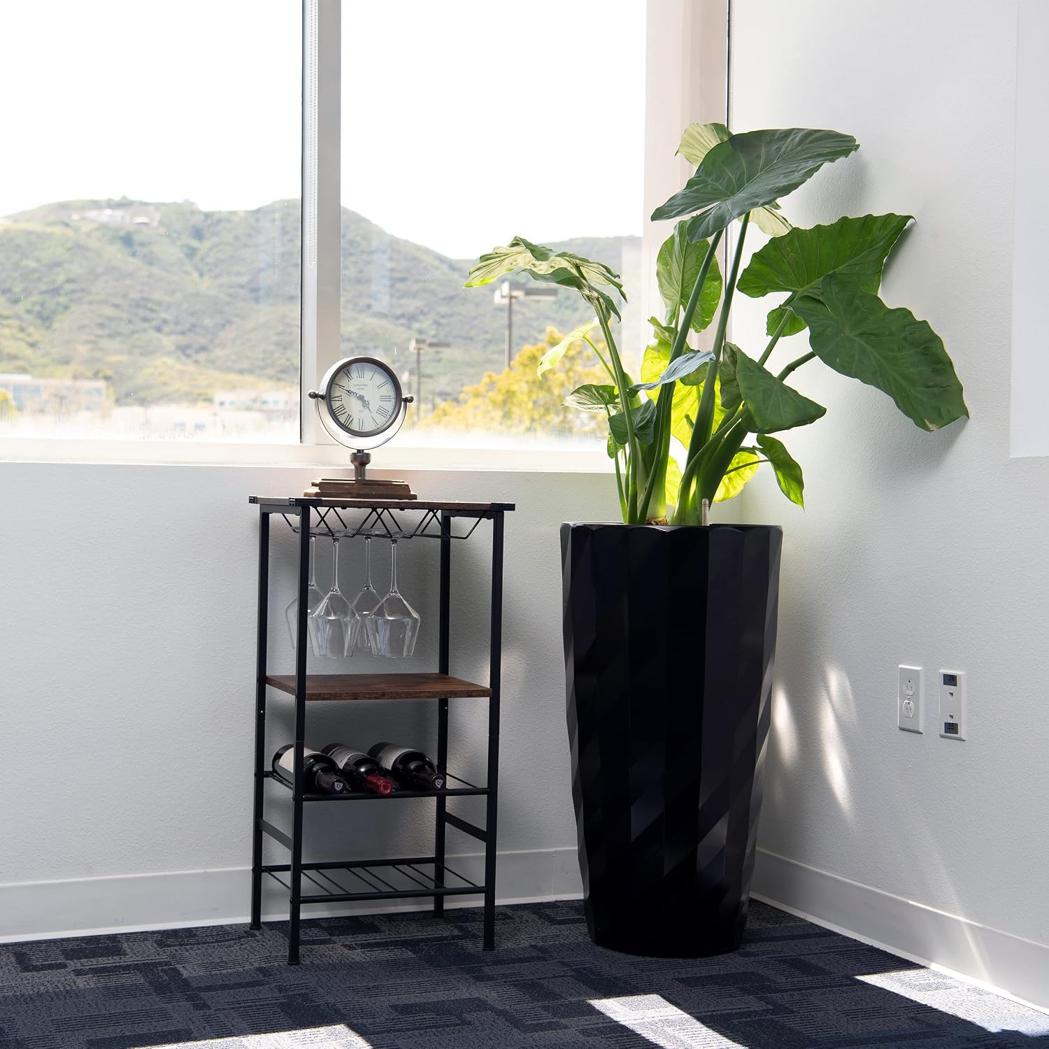 XBrand 30' H Black Plastic Self Watering Indoor Outdoor Diamond Look Round Planter Pot, Tall Decorative Gardening Pot, Home Décor Accent