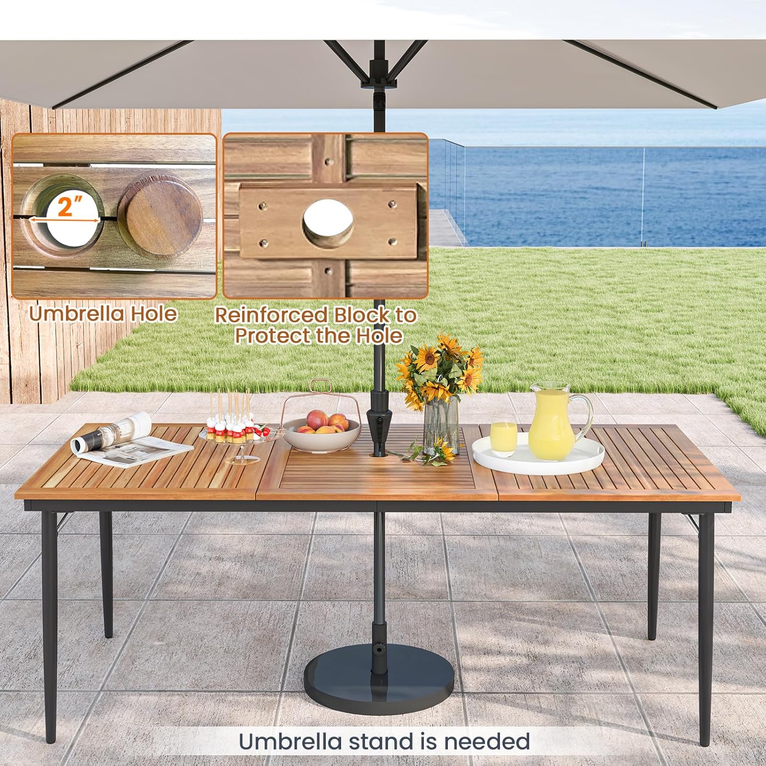 HAPPYGRILL Outdoor Dining Table for 6-8 People, Rectangular Eating Table with 2 inch Umbrella Hole, Sturdy Metal Legs, Patio Acacia Wood Dining Table, Perfect for Porch, Backyard, Garden