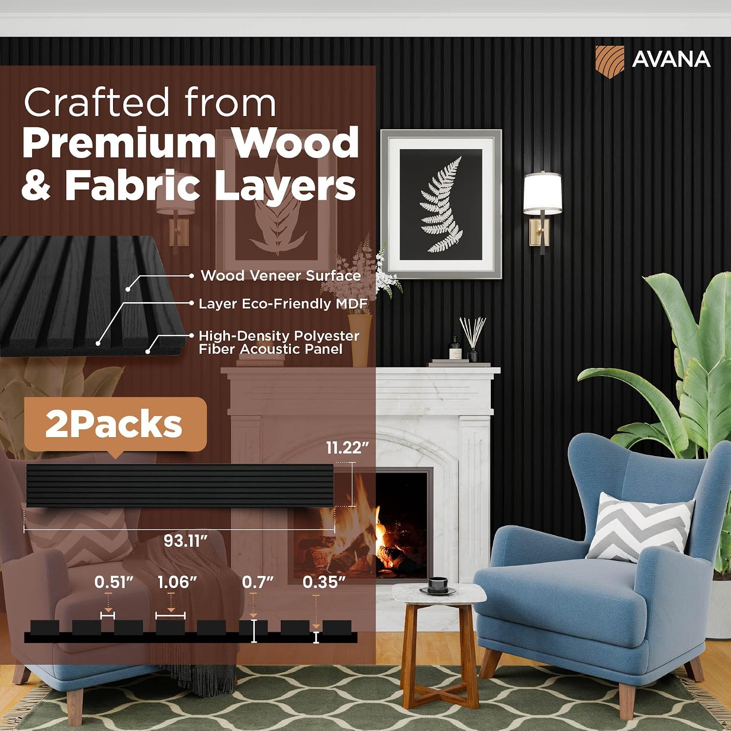 Avana Acoustic Wood Wall Panels – 94.4 X 12.6 Inch Black Oak Acoustic Panels 4 PCs – Wall Panels for Interior Wall Decor for Homes, Offices, Studios – Sturdy and Durable Wood Panels for Wall