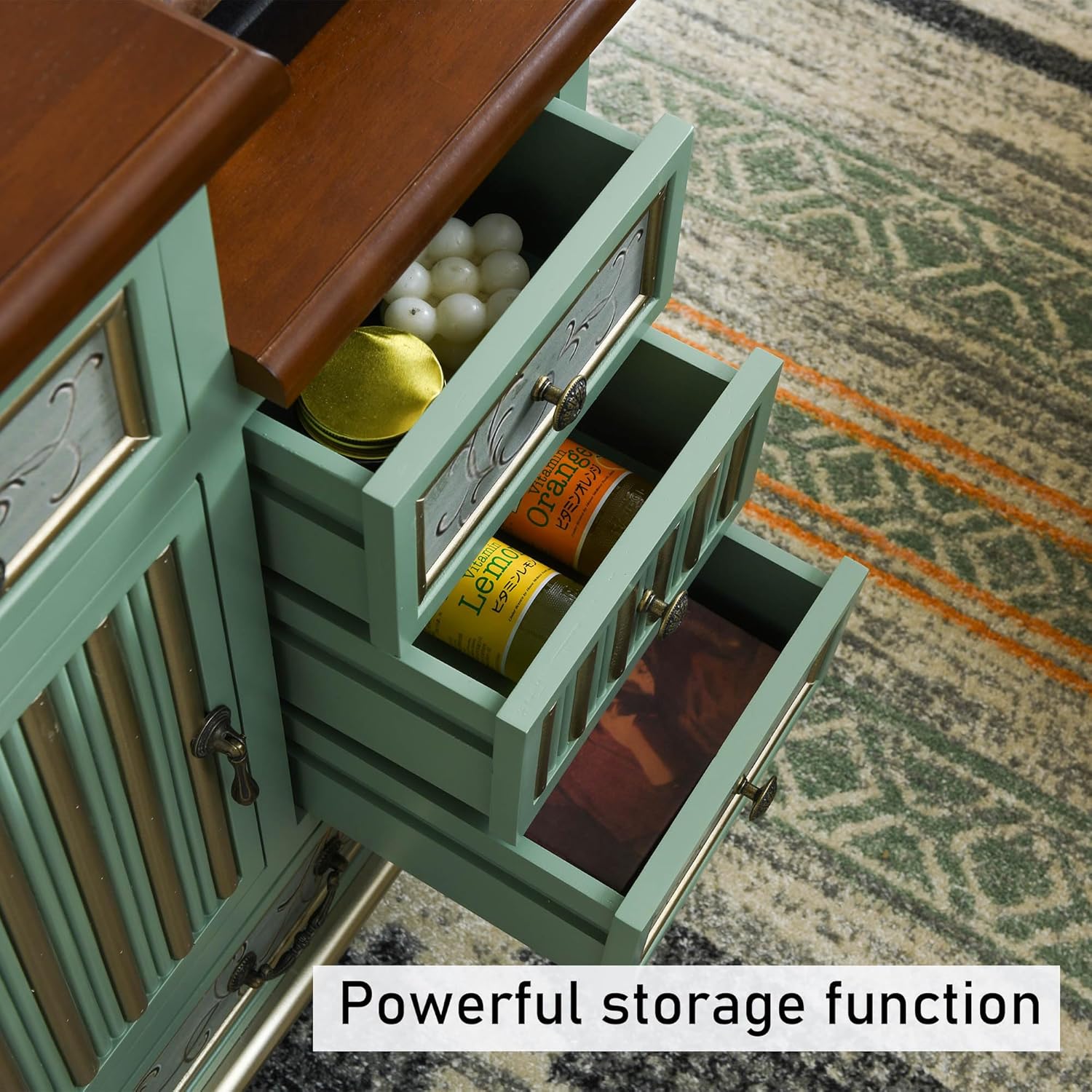 Ahokua Vintage Accent Chest with 5-Drawers and Door Carved Wood Storage Cabinet Modern Dresser for Living Room, Entryway, Hallway, Sage Green