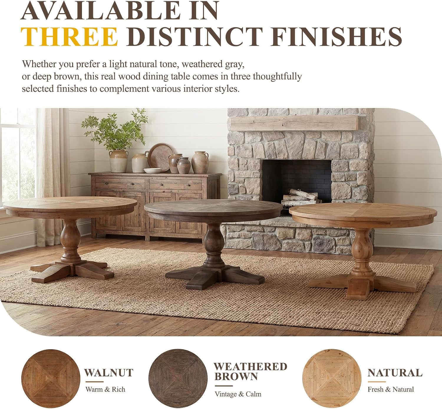 60' Round Dining Table, Reclaimed Wood Kitchen Table for 6-8, Farmhouse Circle Kitchen Table with Pedestal Curved Leg for Kitchen Dining Room Restaurant - Walnut