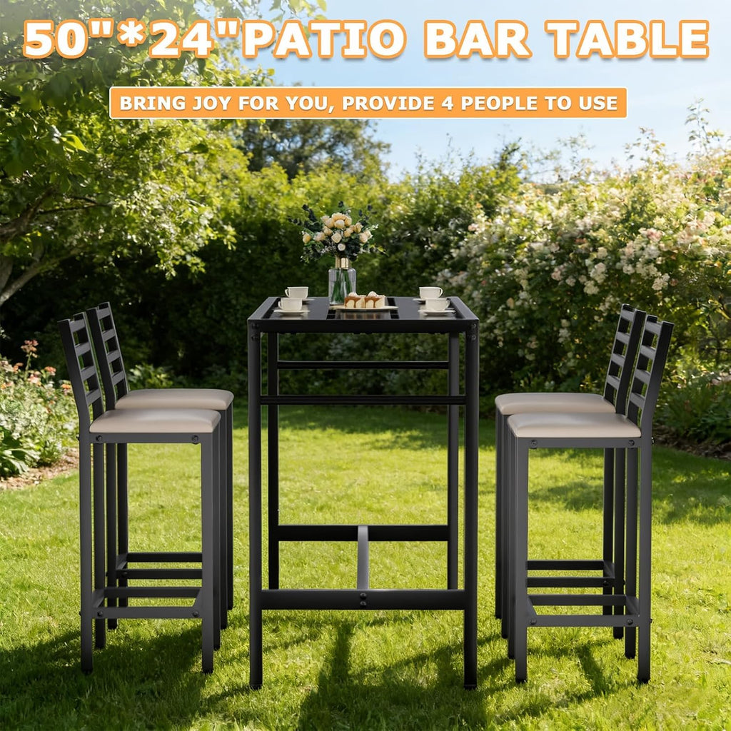5 Piece Outdoor Patio Bar Set, 54.7' Rectangular Counter Height High Top Bar Tables, 4 Cushioned 41' Bar Stools, Metal Bar Table and Chairs Set for Poolside, Balcony, Backyard, Porch