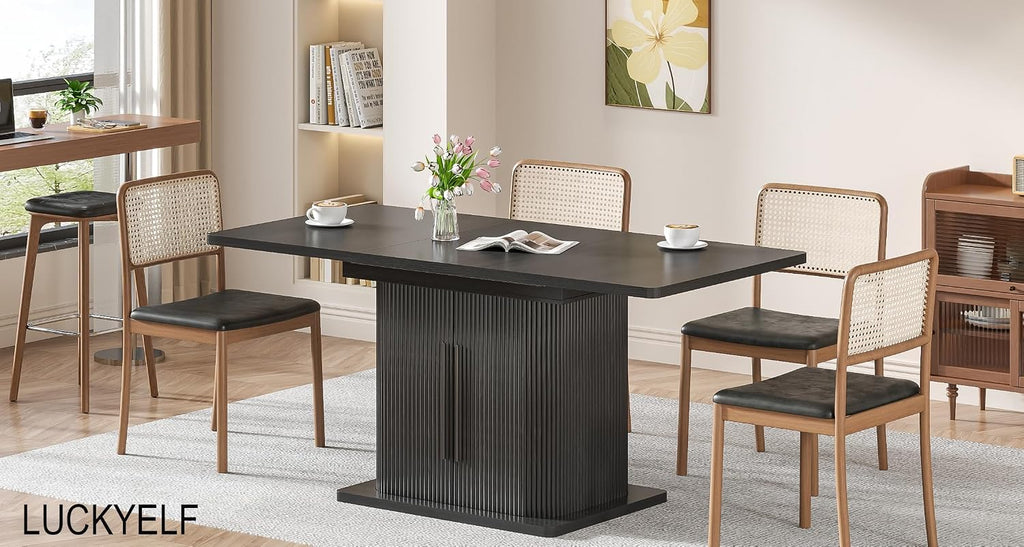 Extendable Black Dining Table for 4-6, 47-65 Inch Rectangle Dining Room Kitchen Table with Large Storage, Wood Sliding Door, Mid Century Modern Dinner Furniture, Fluted, Space Saving, Living Room