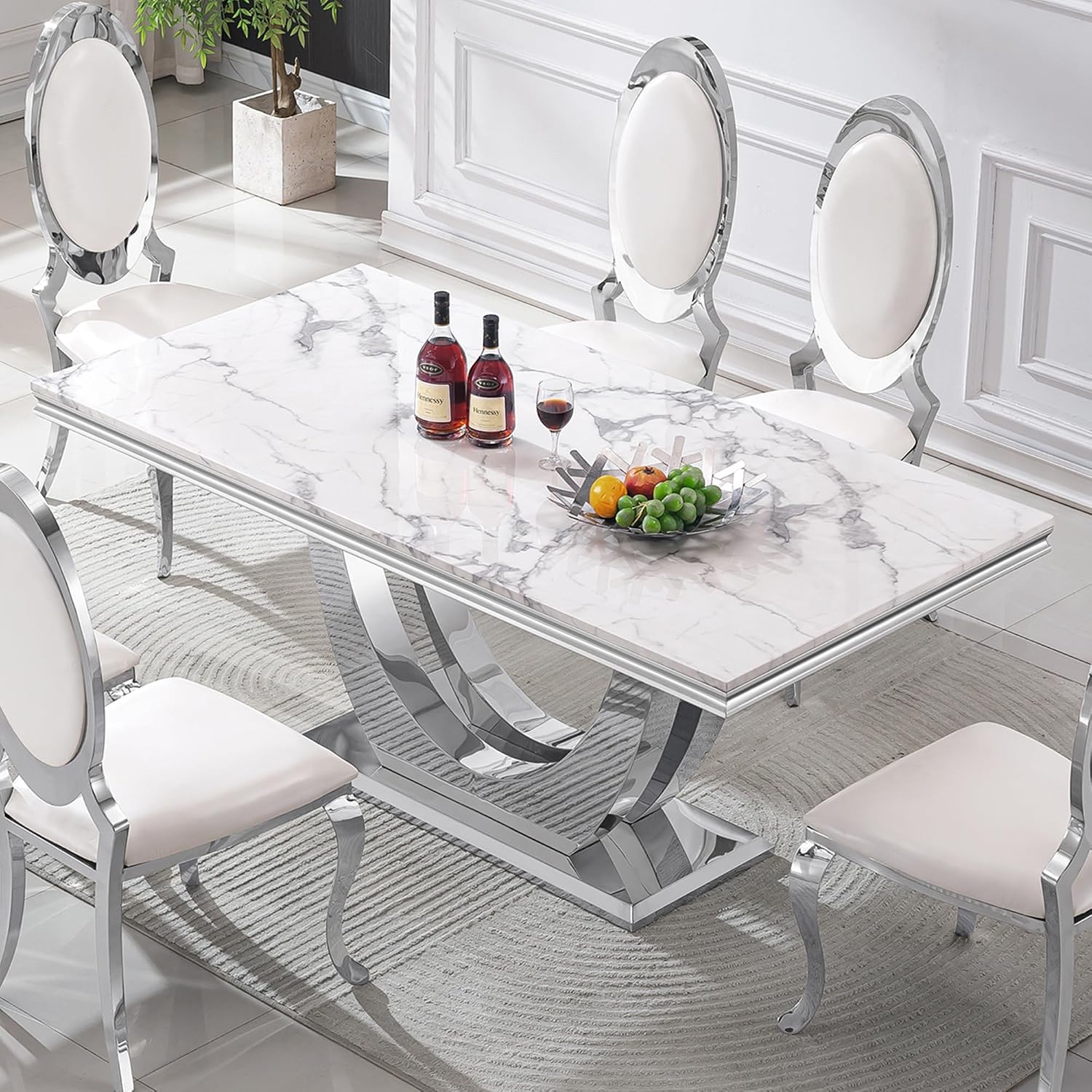 70' White Faux Marble Rectangular Dining Table, Luxury Kitchen Dinner Table for 6-8, Mid Century Modern Design with Silver Stainless Steel U Pedestal