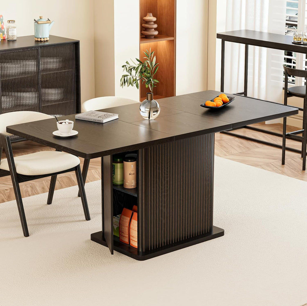 Extendable Black Kitchen Dining Table for 4-6, 47-65 Inch Rectangle Dining Room Table with 2 Doors, Large Storage, Wood Fluted Mid Century Modern Furniture for Dinner, Living Room, Space Saving