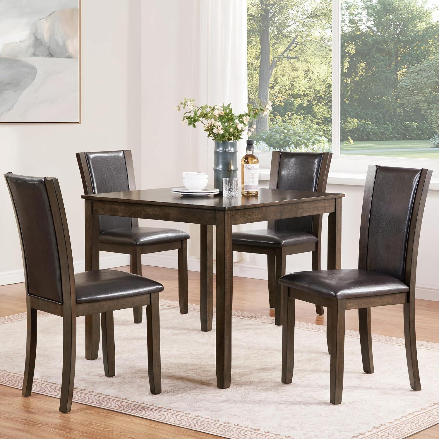 LUMISOL Dining Table Set for 4, Farmhouse Kitchen Table Set with PU Leather Dining Chairs, 5-Piece Wood Dining Sets, Dark Walnut