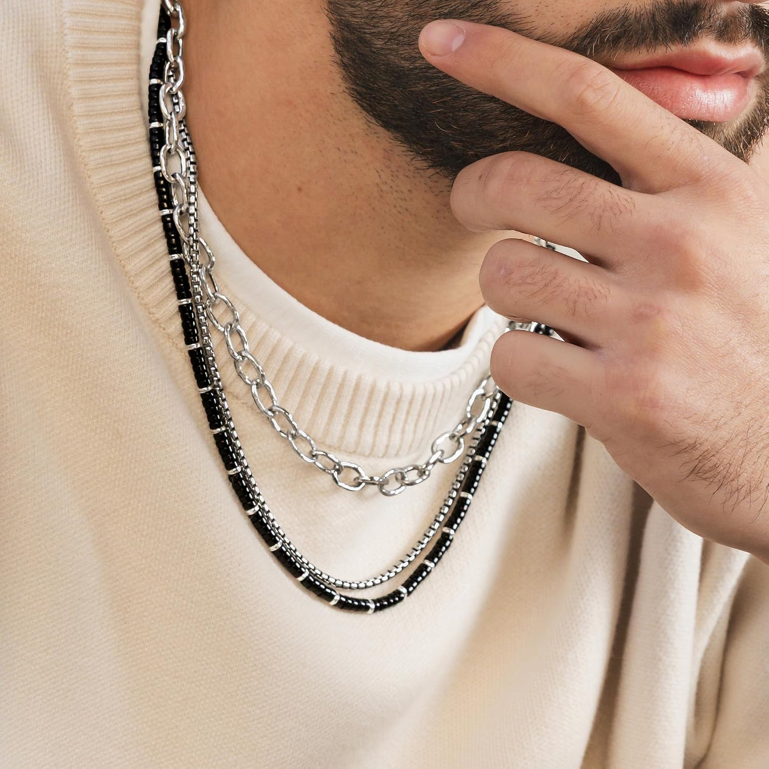 JEANRACHEL JEWELRY Men's 3-Piece Necklace Layering Set - Hammered Link Chain, Box Chain & Black Onyx Beads - Midnight Bundle
