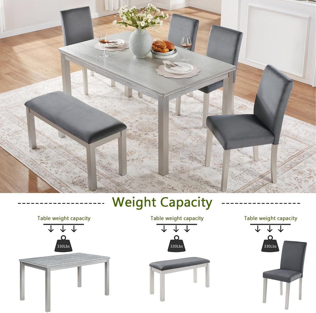 LUMISOL 6 Piece Wooden Dining Table Set, Rectangular Kitchen Table Set with 4 Upholstered Chairs and Bench for 6 People, Sliver Grey