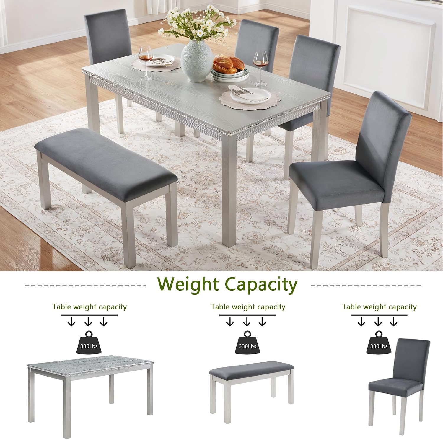 LUMISOL 6 Piece Wooden Dining Table Set, Rectangular Kitchen Table Set with 4 Upholstered Chairs and Bench for 6 People, Sliver Grey