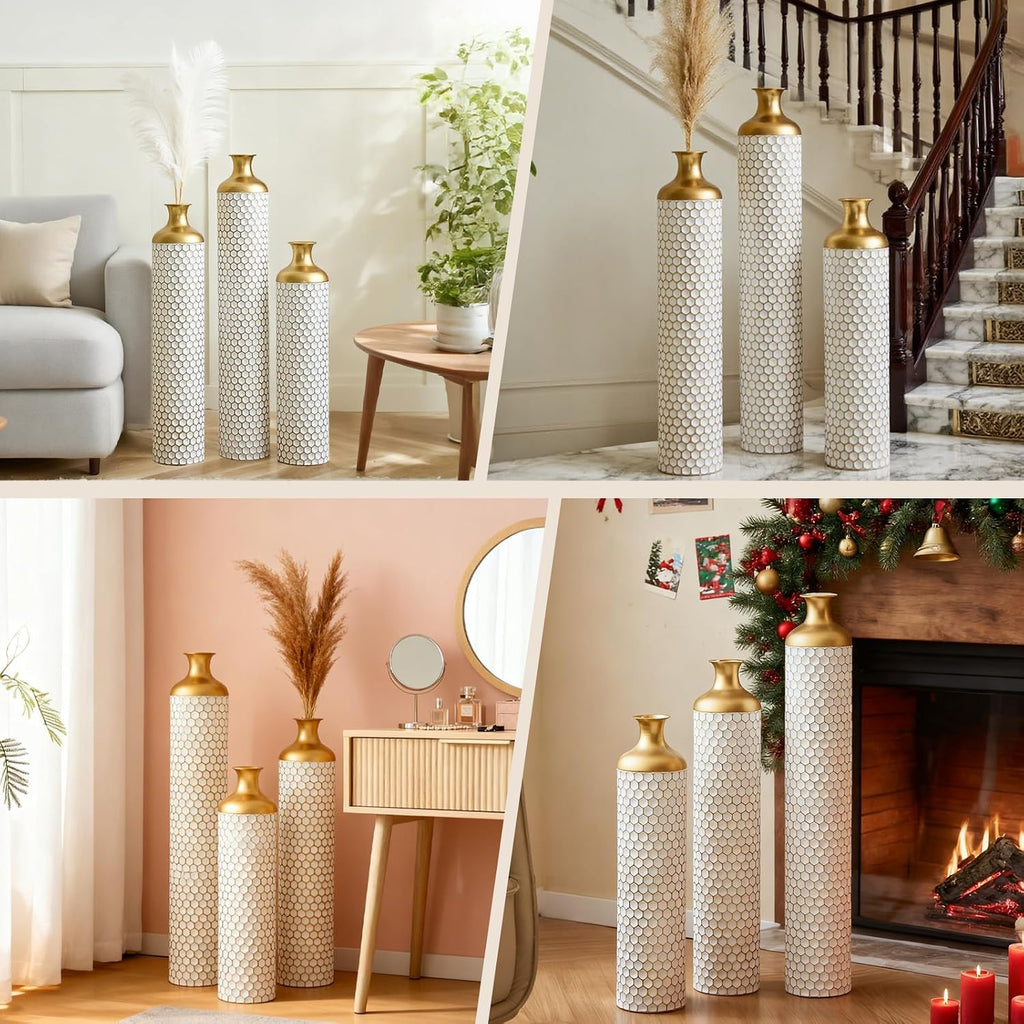 Tall Floor Vases Set of 3, White and Gold Large Tall Decorative Standing Vases with Hammered Gold Accents for Fireplace Home Corner Hallway Office, 31.5' 27.5' 23.6'