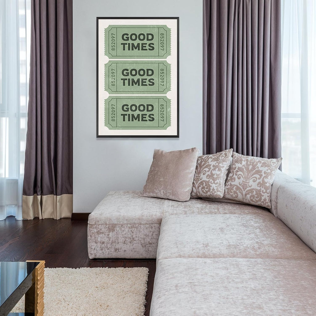 Vintage Funky Green Good Times Ticket Wall Art Print Poster Retro Preppy Room Aesthetic Canvas Wall Art Prints For College Dorm Bathroom Apartment Wall Decor 24x36in Framed