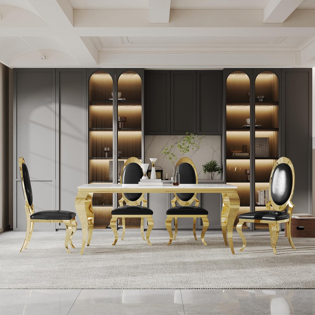 AF ARTISAN FURNITURE Modern Marble Dining Table Set of 6-70' Faux Marble Kitchen Table with 6 Leather Chairs, White Marble Top & Gold Mirrored Stainless Steel Legs, 6 Pieces Black High Back Chairs-c