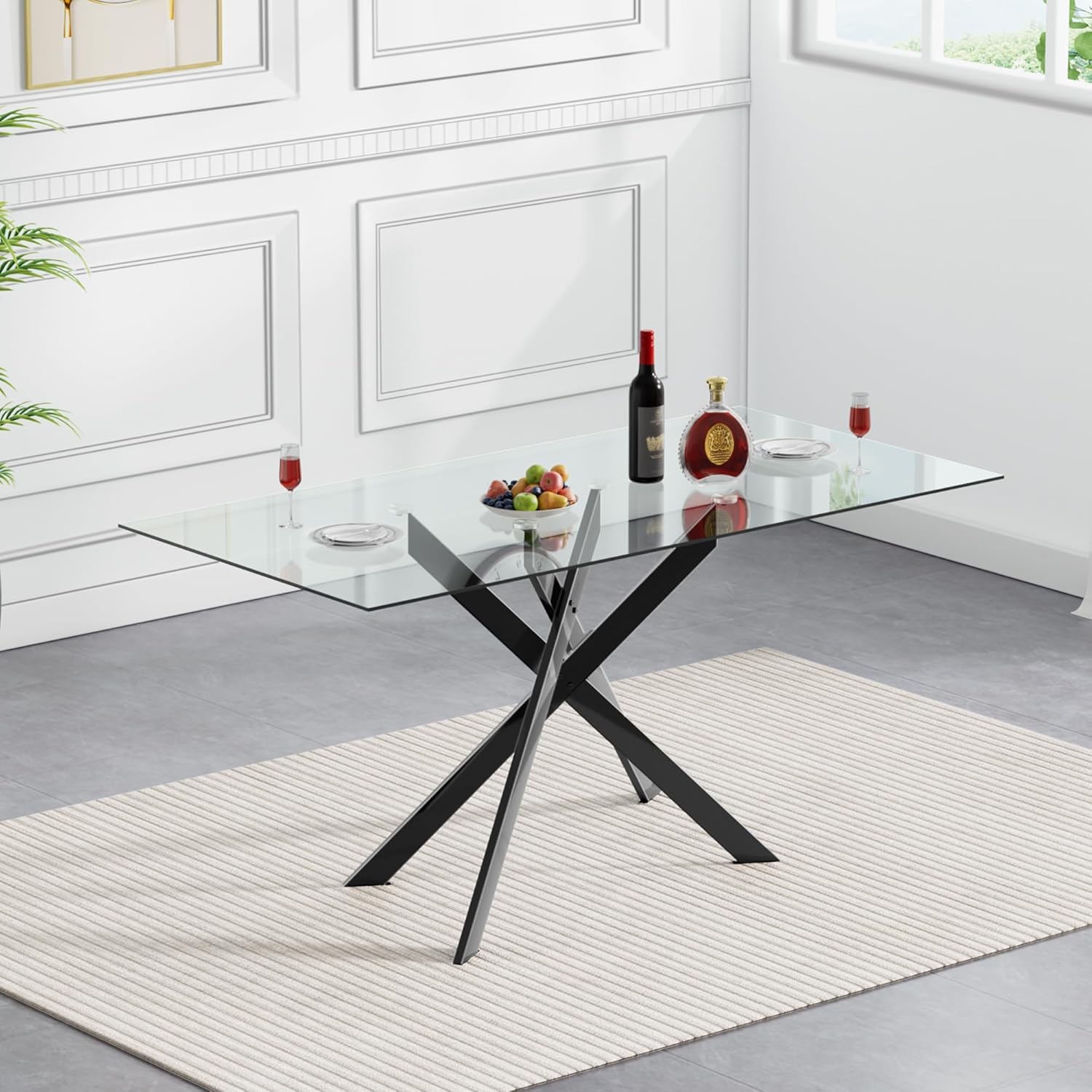 51.2' Glass Dining Table, Modern Kitchen Table for 4-6 People, Contemporary Rectangular Dining Room Dinner Tables with Clear Glass Top & Black Metal X Legs for Kitchen Apartment