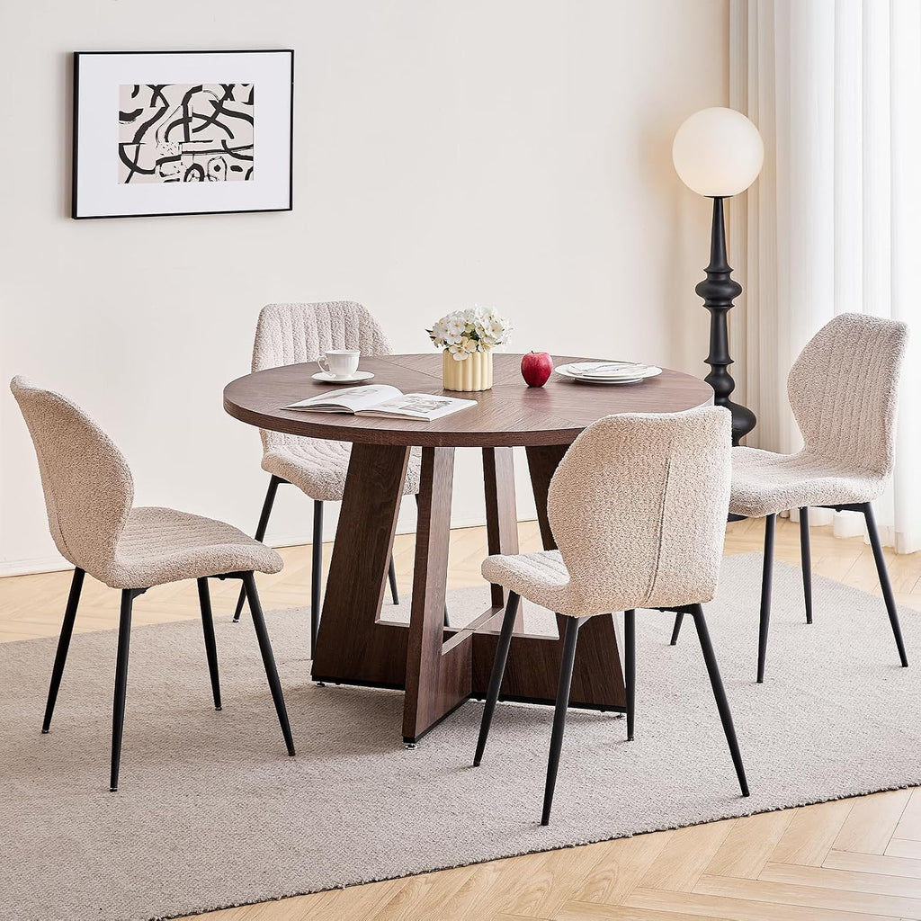 47' Round Dining Table Set for 4 with Chairs Kitchen Table and Chairs Set Mid-Century Modern Chair with Metal Leg for Apartment Living Room(1 Walnut Table + 4 Beige Chairs)