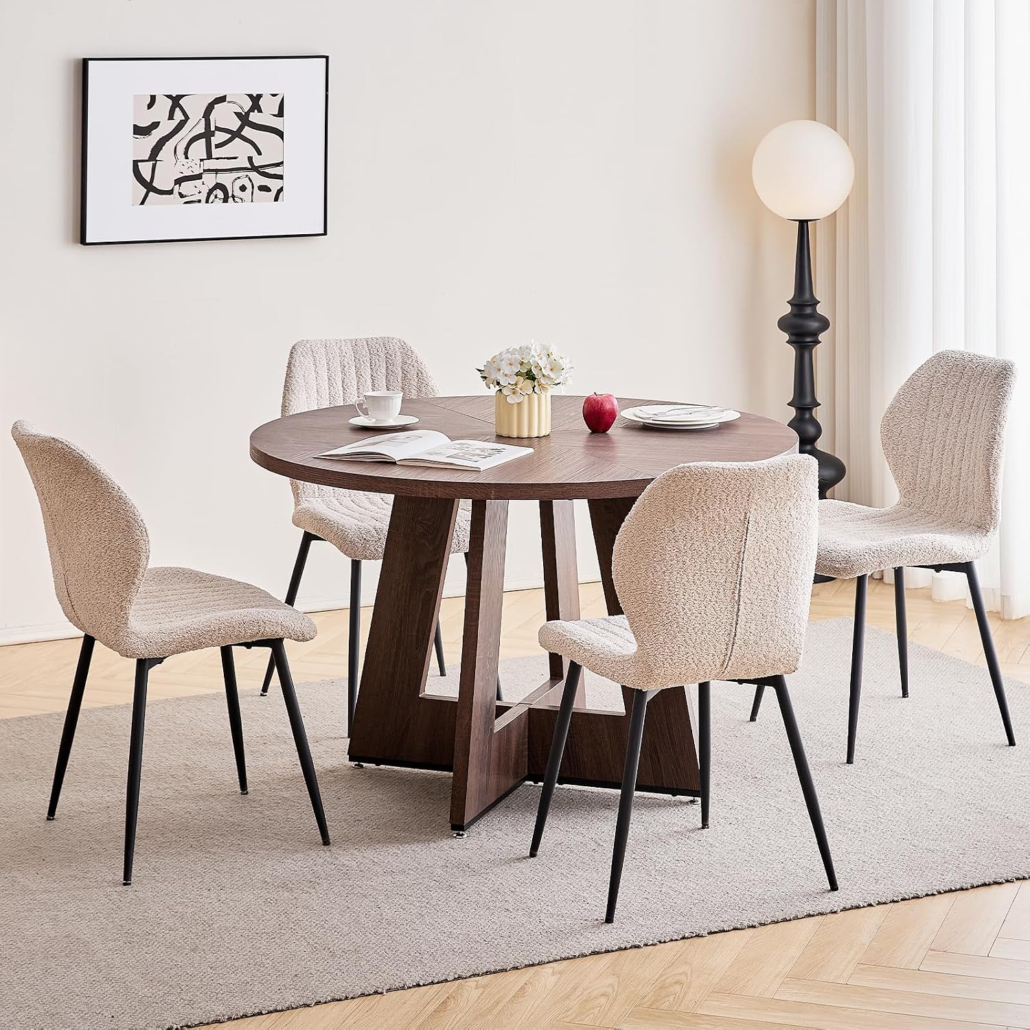 47' Round Dining Table Set for 4 with Chairs Kitchen Table and Chairs Set Mid-Century Modern Chair with Metal Leg for Apartment Living Room(1 Walnut Table + 4 Beige Chairs)