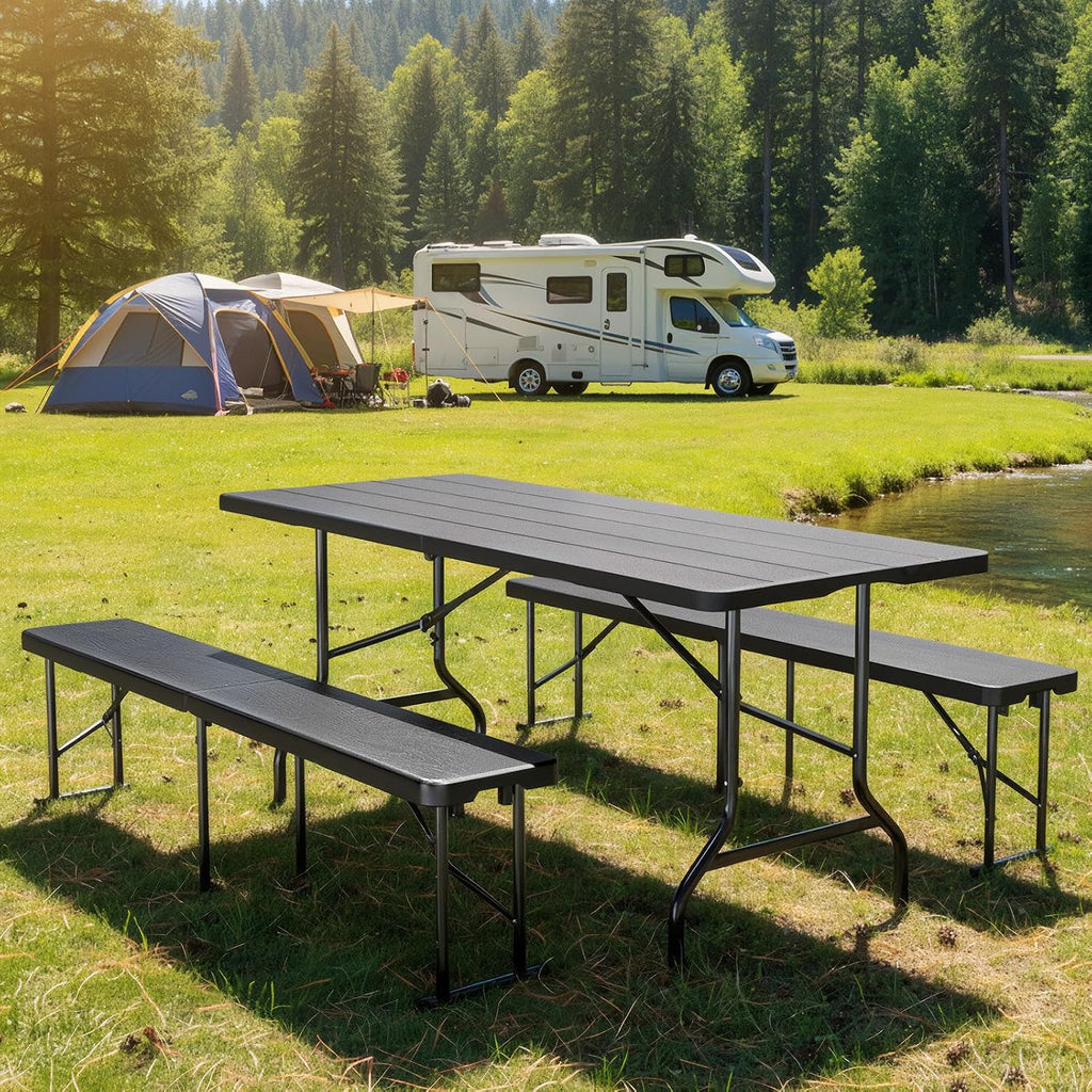 Bonnlo Black Folding Picnic Table Set with 2 Benches, 6 Feet Camping Table Chair Set, Modern Portable 3-Piece Furniture for Indoor/Outdoor Use, White Folding Picnic Table with Smooth Tabletop