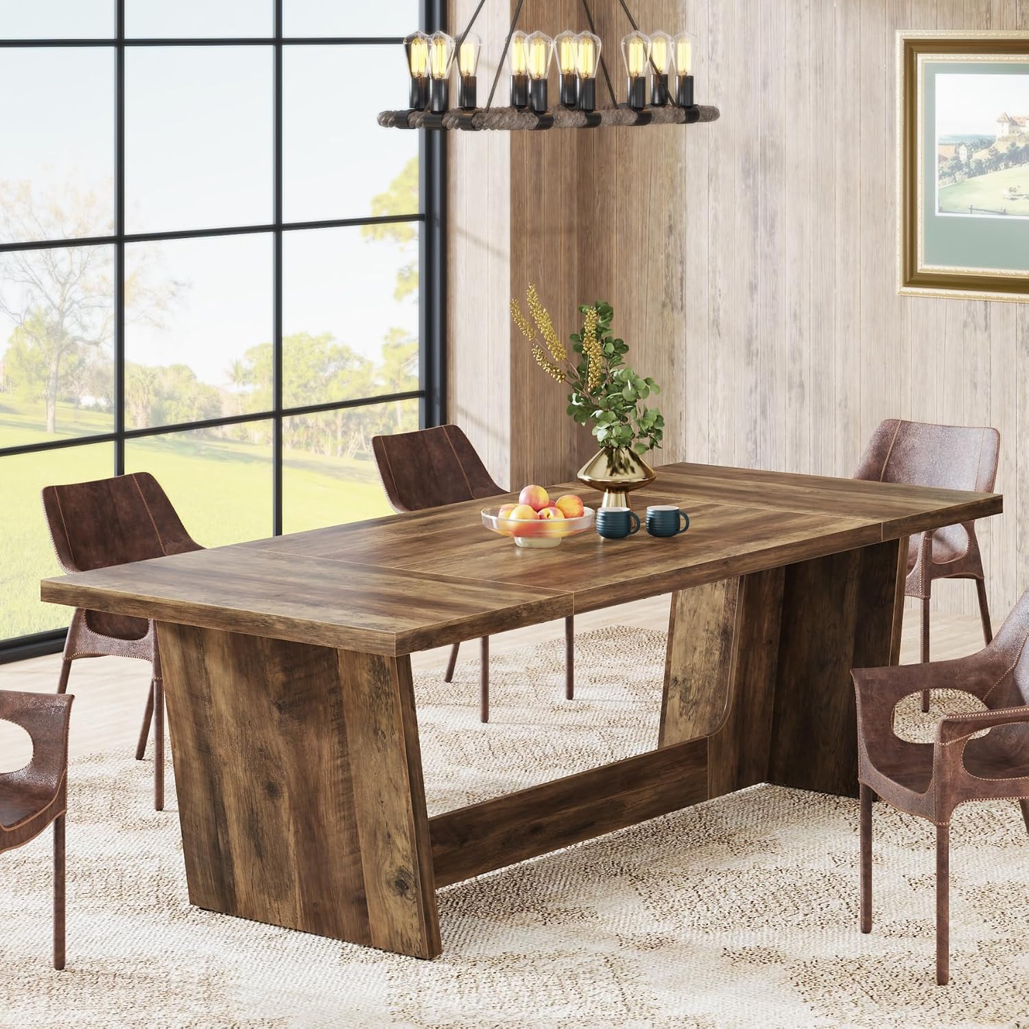Tribesigns 70.87-Inch Large Dining Table: Wood Long Dining Room Table for 6-8, Rectangular Farmhouse Kitchen Dinner Table with Solid Pedestal, Rustic Brown
