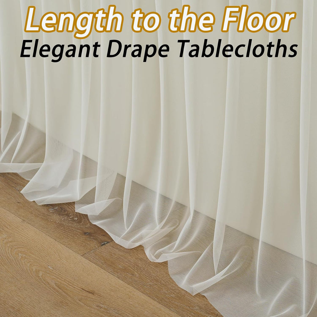 leegleri 6 pk 8ft Ivory Tulle Tablecloth for Rectangle Tables, 2-in-1 Cream Table Covers with Tulle Skirt,Wrinkle Free Stretchy Ruffle Tulle Table Cloths Fitted for Wedding Party Banquet Vendor