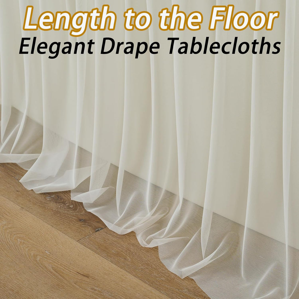 leegleri 4 pk 8ft Ivory Tulle Tablecloth for Rectangle Tables, 2-in-1 Cream Table Covers with Tulle Skirt,Wrinkle Free Stretchy Ruffle Tulle Table Cloths Fitted for Wedding Party Banquet Vendor